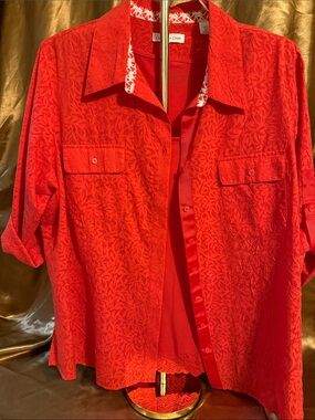 Coldwater Creek Red Textured Button-Front Blouse